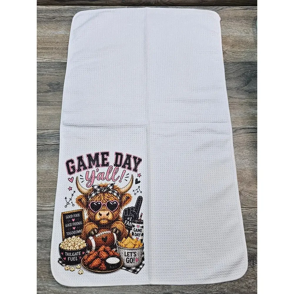 Highland Cow Game Day Y'all Kitchen Towel Football Tailgate Sports Gift